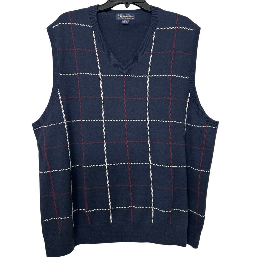 Brooks Brothers XXL Supima Cotton Cashmere Sweater Vest Navy Plaid Preppy Luxury